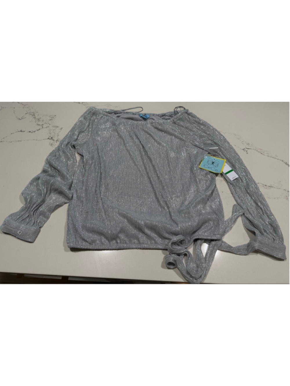 NEW CeCe Silver Blouse Shimmer Metallic Tie Bottom Off Shoulder L $79